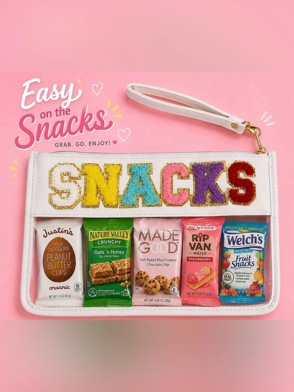 White Wristlet Clutch with 'SNACKS' Multicolor Lettering